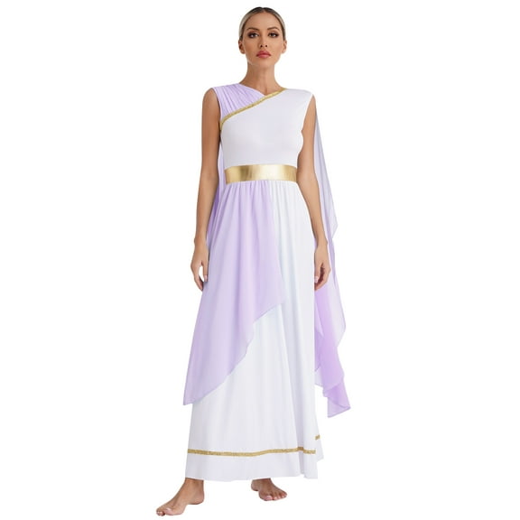 TiaoBug Womens Roman Antique Long Dress Metallic Patchwork Greek Ancient Toga Chiffon Robe Lavender S