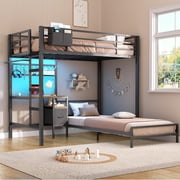 Metal Bunk Bed Twin Over Twin Size with Desk L-Shaped Bunk Bed with Led Lights & Charging Station for Adults, Twin Loft Bed Frame with Storage Shelves & Safety Guardrail & Ladder, Black