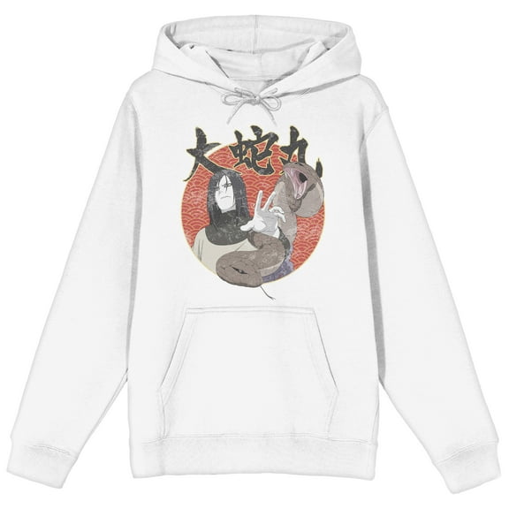 Naruto Shippuden Orochimaru, Snake, Red circle with wave patterns, Kanji text "Orochimaru" on White Adult Hoodie-Medium