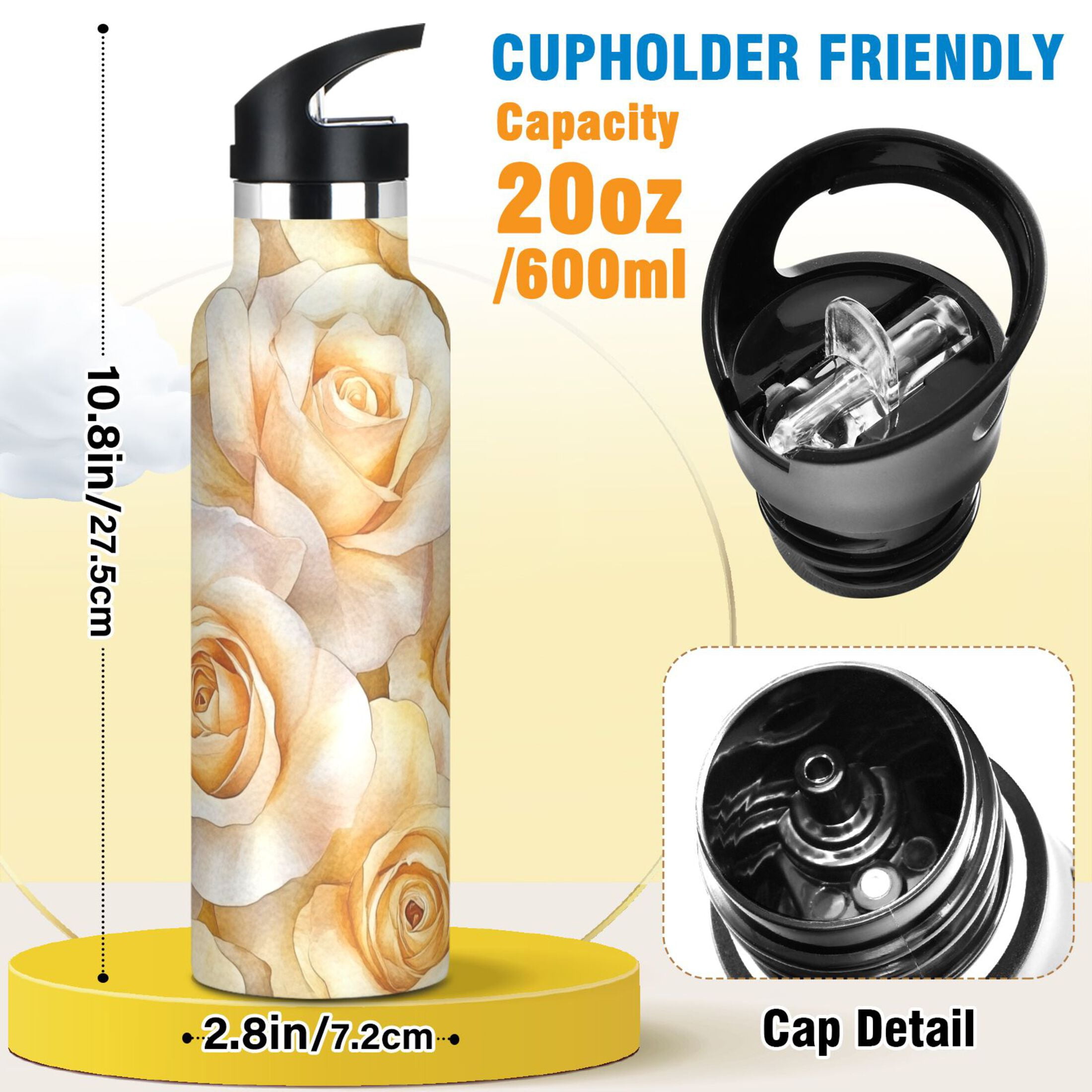 600ML Stainless Steel Insulated Cup Sports Water Bottle Portable Thermos Cup Water Glasses Insulated Tumblers Convenient and Durable Yellow Roses Seamless