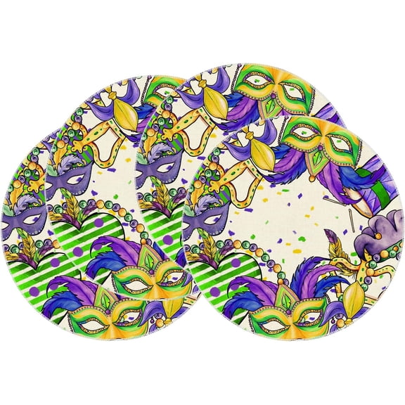 Masks Hats Beads Mardi Gras Round Placemats Set of 4 Carnival Table Mats for Masquerade Party Home Kitchen Dining Table Decorations 14x14 Inch