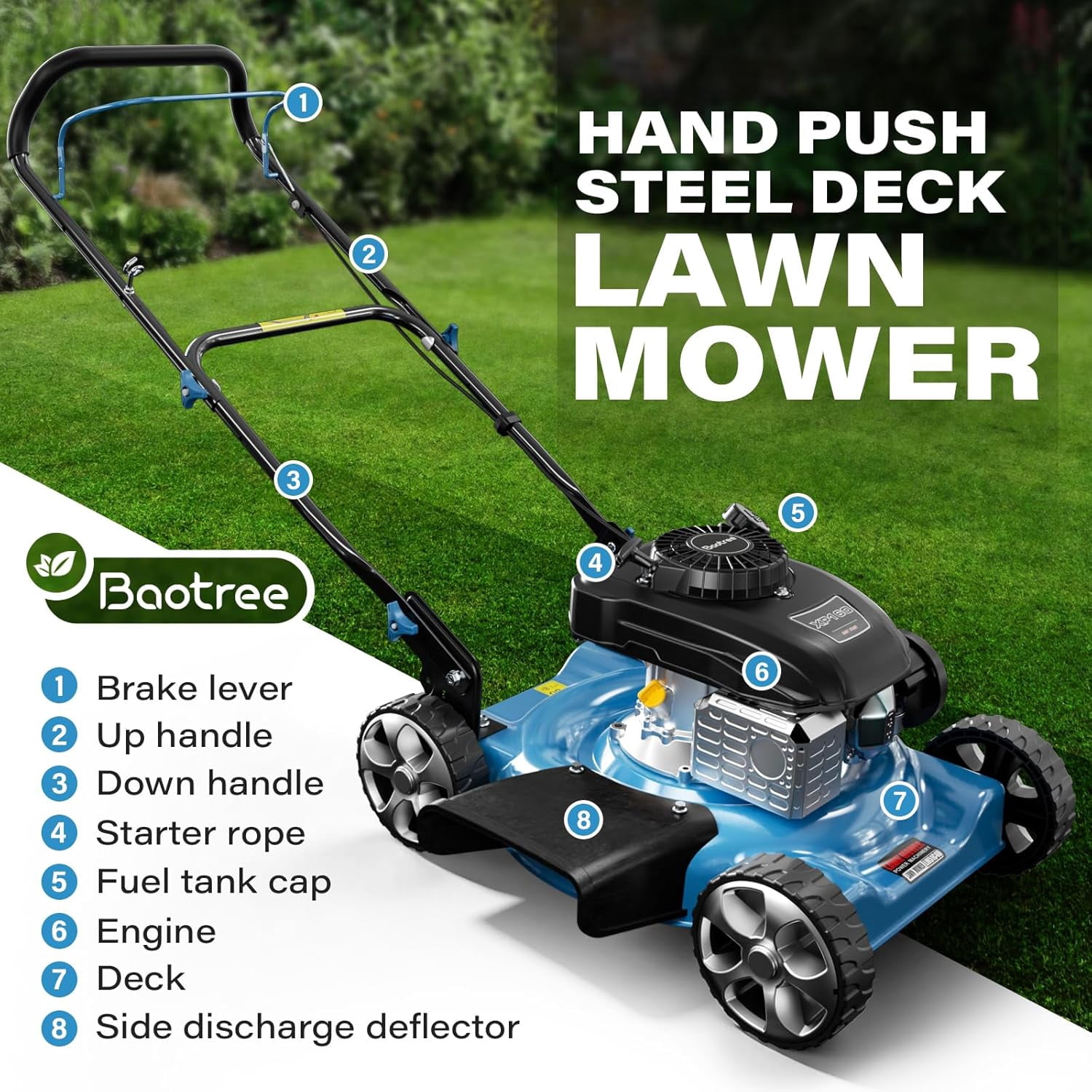 Gas Powered Push Lawn Mower, 20-Inch Cutting Deck, 144cc 4-Stroke Engine, 2-in-1 Side Discharge & Mulching, Lightweight Design for Small Yards Under 1/4 Acre