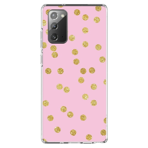 DistinctInk Clear Shockproof Hybrid Case for Samsung Galaxy Note 20 (6.7" Screen) - TPU Bumper, Acrylic Back, Tempered Glass Screen Protector - Pink & Gold Print - Polka Dots Pattern