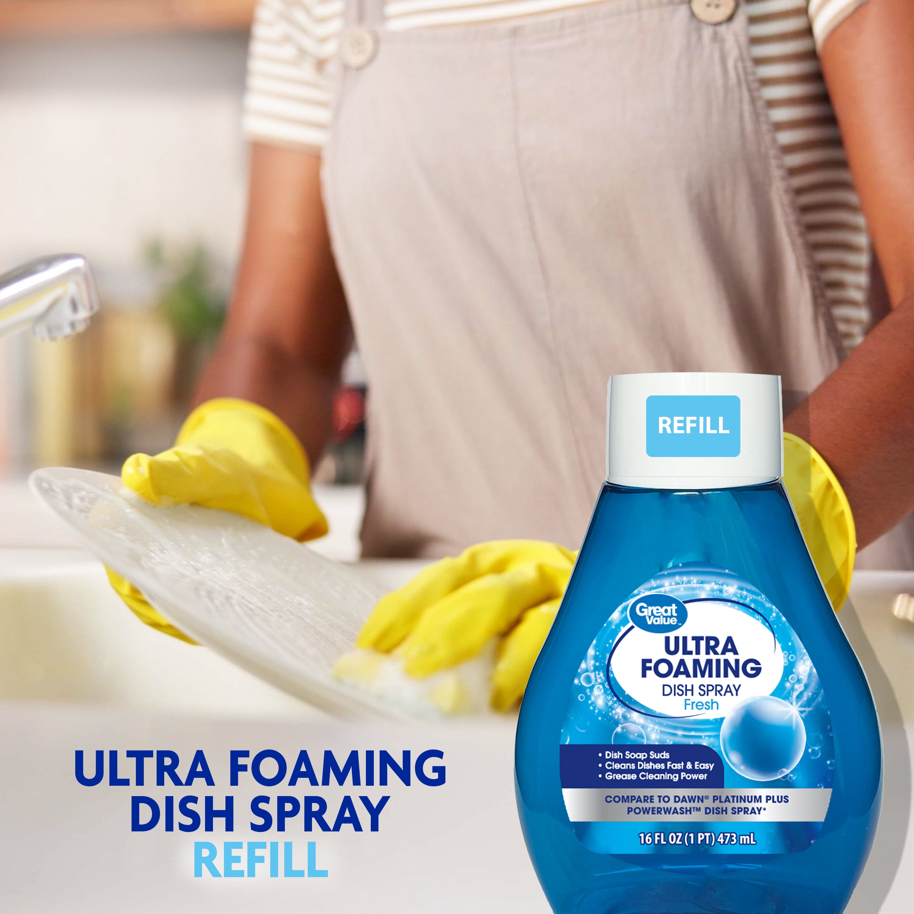 Great Value Ultra Foaming Dish Spray Dish Soap Refill, Fresh Scent, 16 fl oz