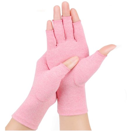 Arthritis Compression Rheumatoid Gloves,Fingerless Gloves to Relieve Paim from Rheumatoid and Osteoarthritis with Free Recovery Ball, Men and Women (Pink, Large)