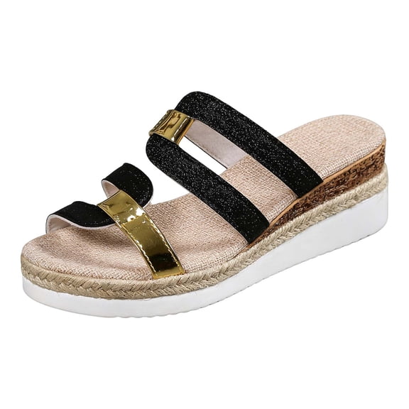 Women's Platform Open Toe Wedge Sandals Lightweight Backless Strappy Sandal Comfortable Dressy Slide Shoes Black Size 8.5