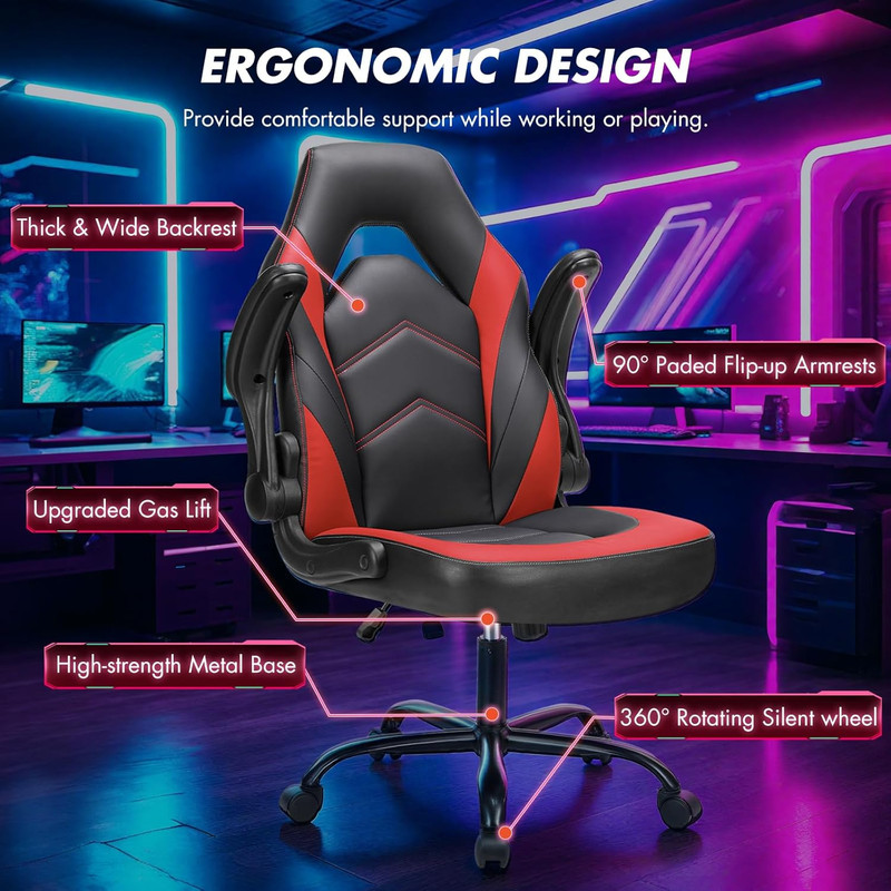 Beddle Gaming Office Chair, Ergonomic PU Leather High Back Swivel Computer Desk Chair with Flip-up Arms, Lumbar Support, Black Red