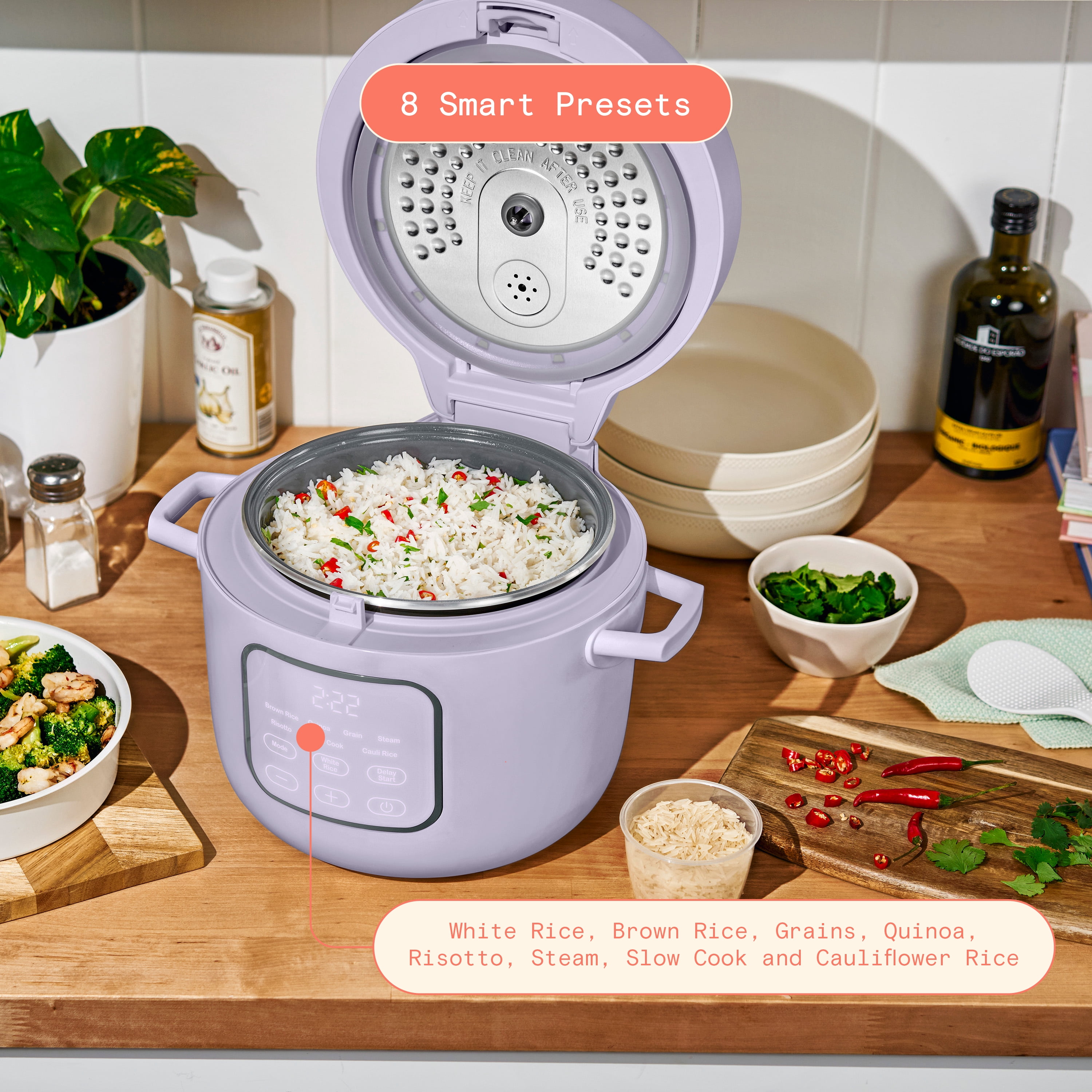 Beautiful 14-Cup Cooked, 6-Cups Uncooked Electric Rice and Grain Cooker, EverGood™ Ceramic Nonstick Coating, Lavender by Drew Barrymore