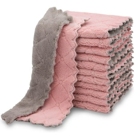 

12 Pack Kitchen Cloth Dish Towels Premium Dishcloths Super Absorbent Coral Velvet Dishtowels Nonstick Oil Washable Fast Drying (Pink-Grey)