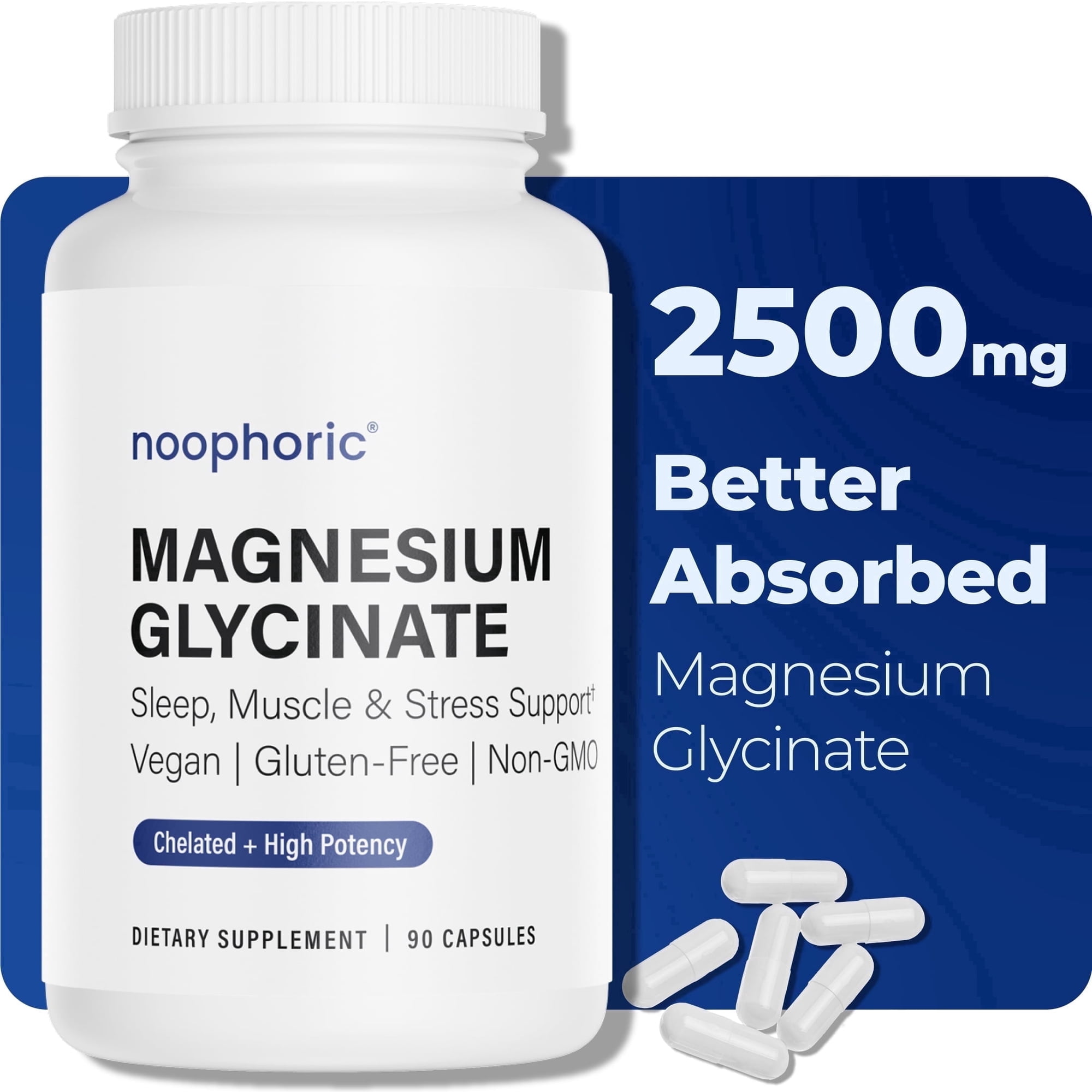 Noophoric 2500mg Magnesium Glycinate Chelated - Sleep Aid, Anxiety & Stress Relief Supplement, 90 Capsules