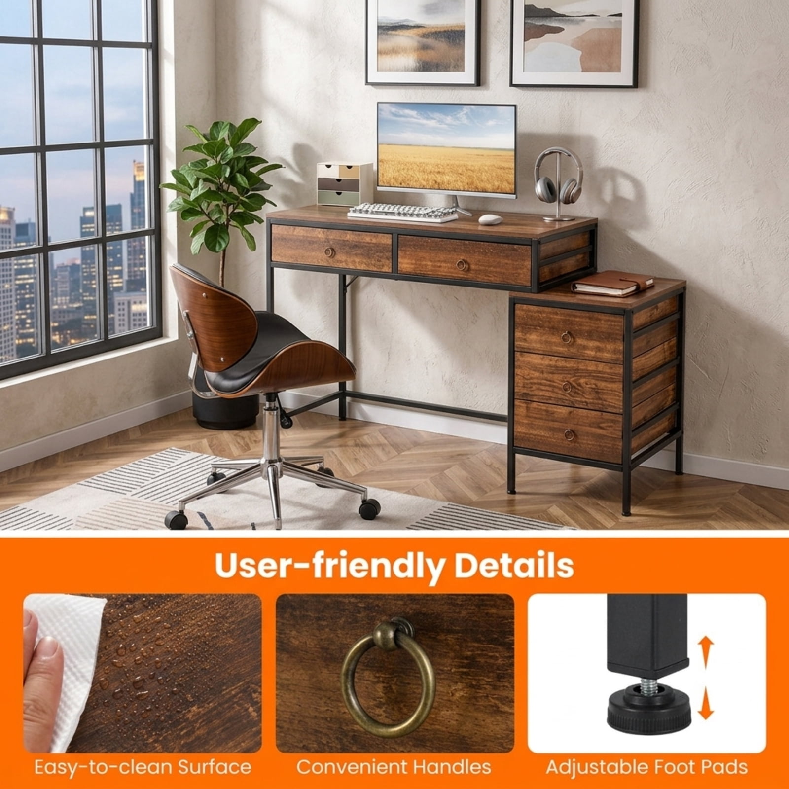 Furnibear Computer Desk with 5 Drawers and Side File Cabinet Industrial Home Office Desk with Metal Frame for Study and Work, Rustic Brown