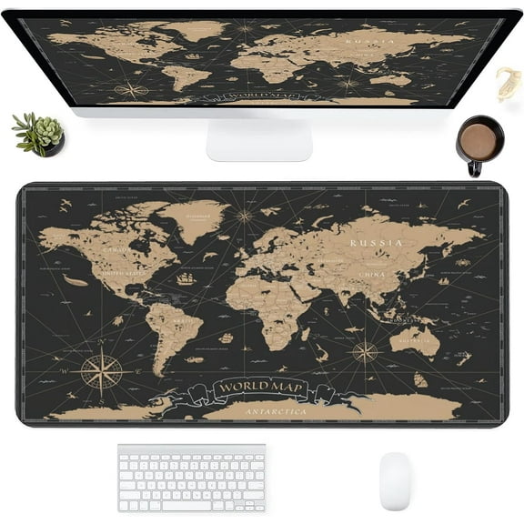 Desk Mat,Vintage World Map Extended Gaming Mouse Pad for Office Work & Game,Computer Keyboard Mouse Mat Desk Non-Slip Rubber Base Large Mousepad with Stitched Edges, 31.5x15.7inch