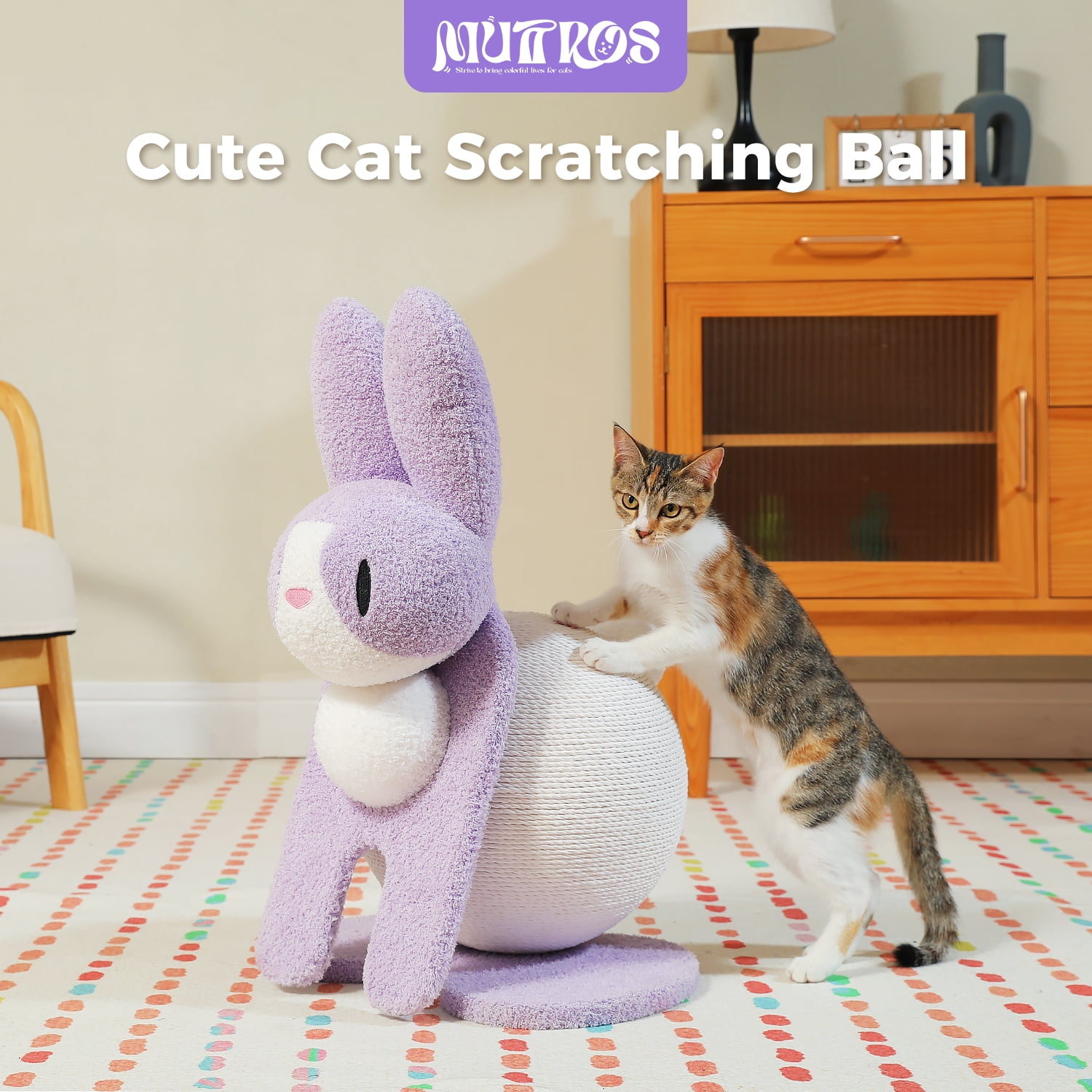 PEQULTI 23" Cute Cat Scratching Post Bunny Style Cat Scratcher with Paper Rope for Indoor Kitten Purple