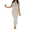 thumbnail image 2 of Women Summer Long Dress Short Sleeve Slim Round Neck Bodycon Maxi Dresses for Women Gray XL, 2 of 6