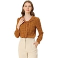 thumbnail image 3 of Blusa de camisa a cuadros Allegra K con volantes y cuello de manga larga marrón L, 3 of 6