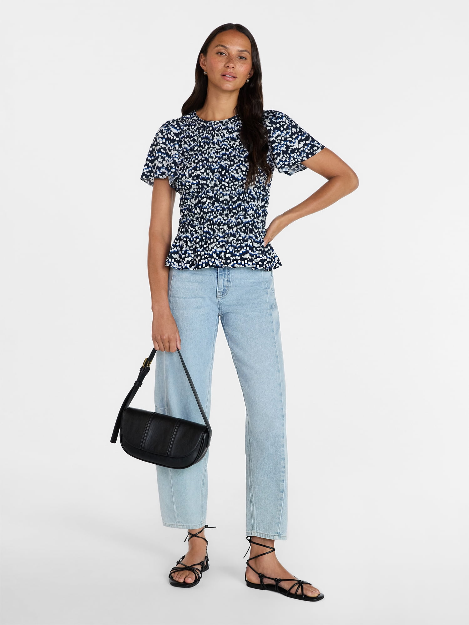 Time and Tru Women's Smocked Top with Short Puff Sleeves, Sizes XS-XXXL
