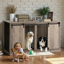 Large Dog Crate Furniture with 2 Divider End Table, DOMIPET Wooden Indoor Dog Kennel TV Stand, Metal Tube & 2 Lockable Barn Door