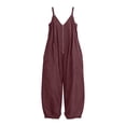 thumbnail image 6 of VBVC Women's Cotton-Linen Spaghetti Strap Jumpsuit,Adjustable Zipped Overall For Women,Ladies Summer Vacation Baggy Long Rompers with Pockets,Wine,S-2XL, 6 of 6