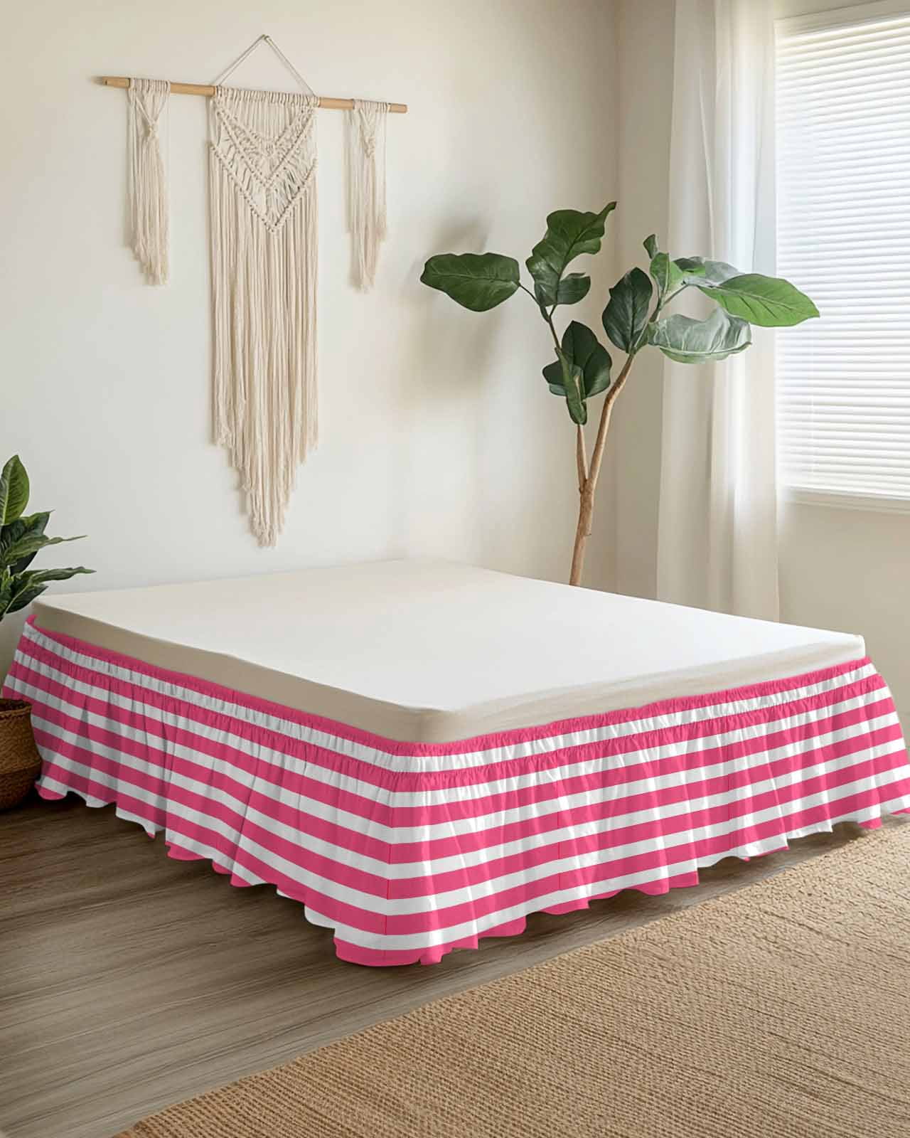 Pink Striped Wrap Around Bed Skirts for King Bed 18" Drop,Bed Skirt with Adjustable Elastic Belt Dust Ruffle Bed Valance for Bedroom Hotel Modern Simple Monochrome Geometric White Bed Frame Cover