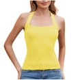 thumbnail image 2 of Pincandy Women's Fashion Casual New Summer Lace-Up Short Deep Scoop Neck Low Cut Racerback Tank Top for Women Workout Ribbed Knit Fitted Sleeveless Cami Shirt,Yellow,XL, 2 of 9