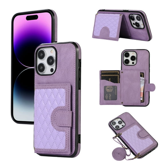 Dteck for Apple iPhone 14 Pro Max Wallet Purse Case Crossbody Leather Case with Card Holder Kickstand Removable Shoulder Strap Shockproof Protective Back Cover 6.7 inch, Purple