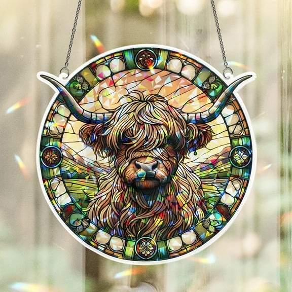 Lotusprinthandmade Highland Cow Custom Shape Broken Glass Hologram Ornament 3.5in, 3d highland cow holographic decoration, highland cow ornament
