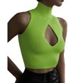 thumbnail image 1 of Camiseta sin mangas con cuello alto para mujer, Top corto sin mangas con estampado liso calado en el pecho para primavera, verano, otoño, verde hierba S, 1 of 5