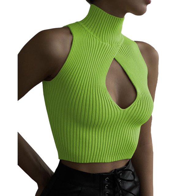 Camiseta sin mangas con cuello alto para mujer, Top corto sin mangas con estampado liso calado en el pecho para primavera, verano, otoño, verde hierba S