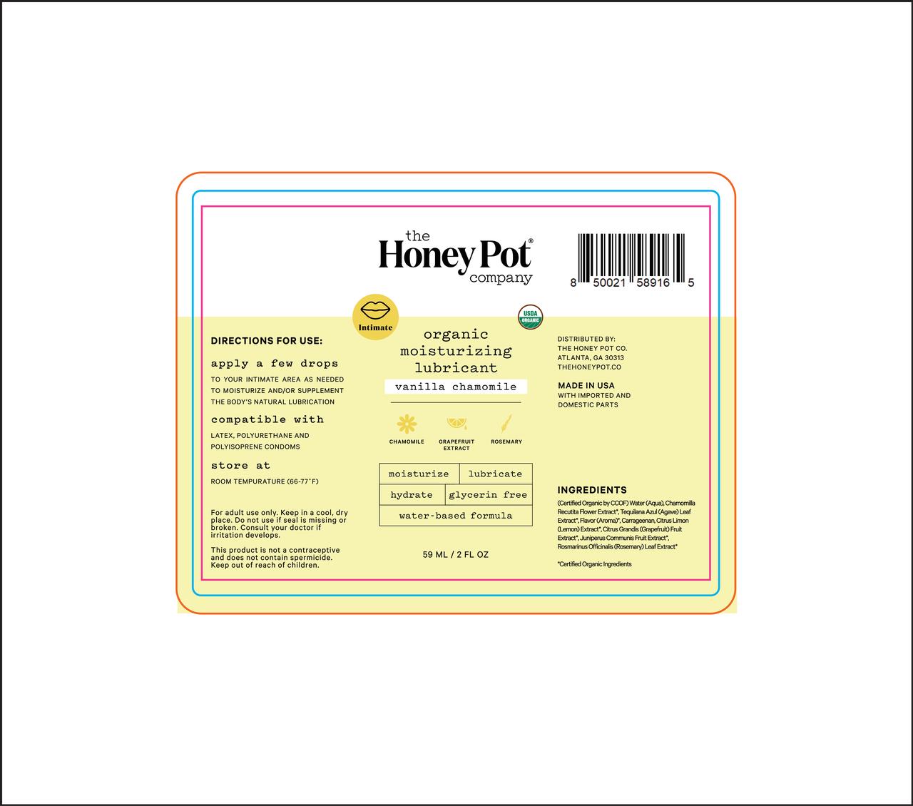 The Honey Pot Company, Organic Moisturizing Water Based Personal Lubricant, Vanilla Chamomile, 2 oz.