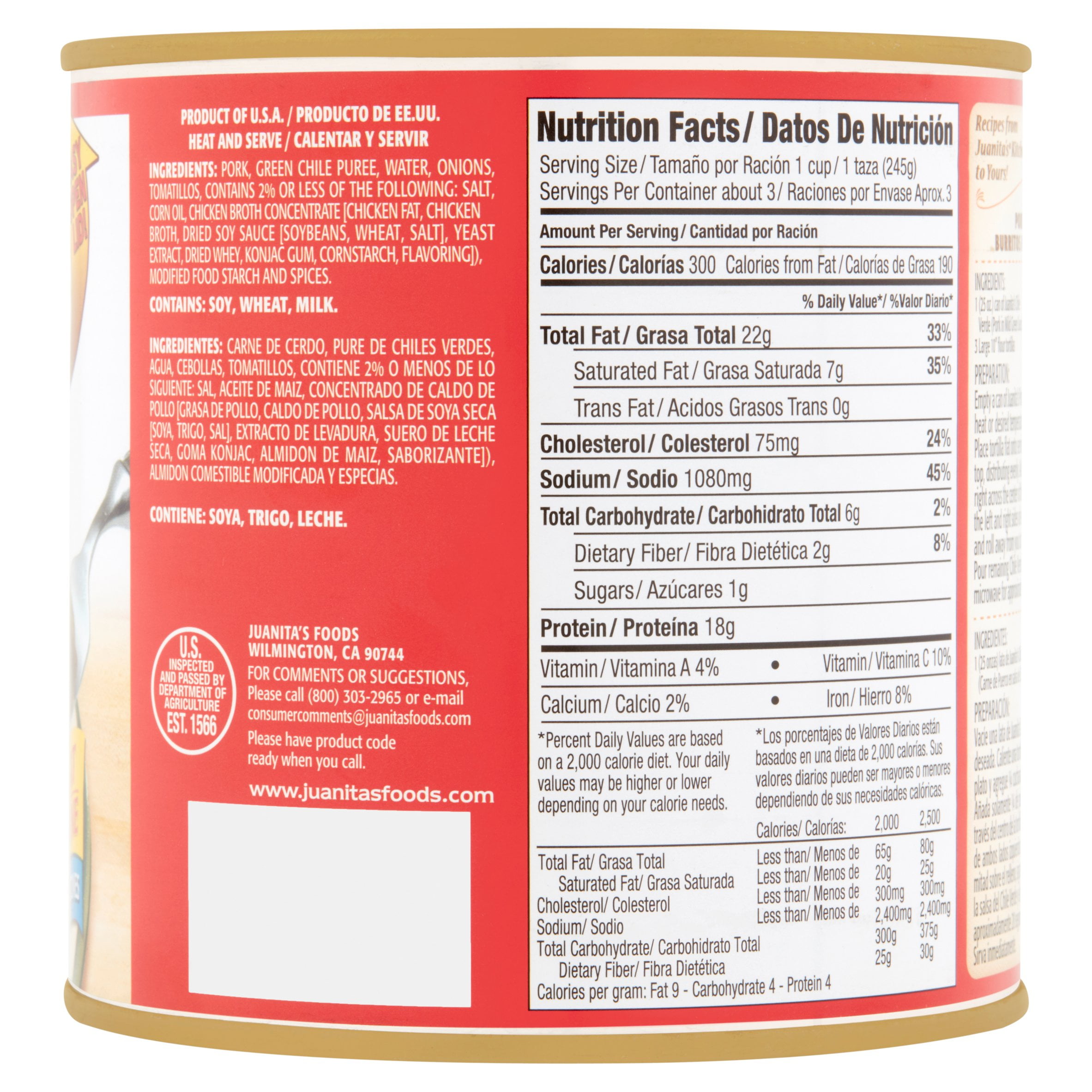 Juanita's Pork Chile Verde, Canned Pork and Green Chile Sauce, 25 Ounce