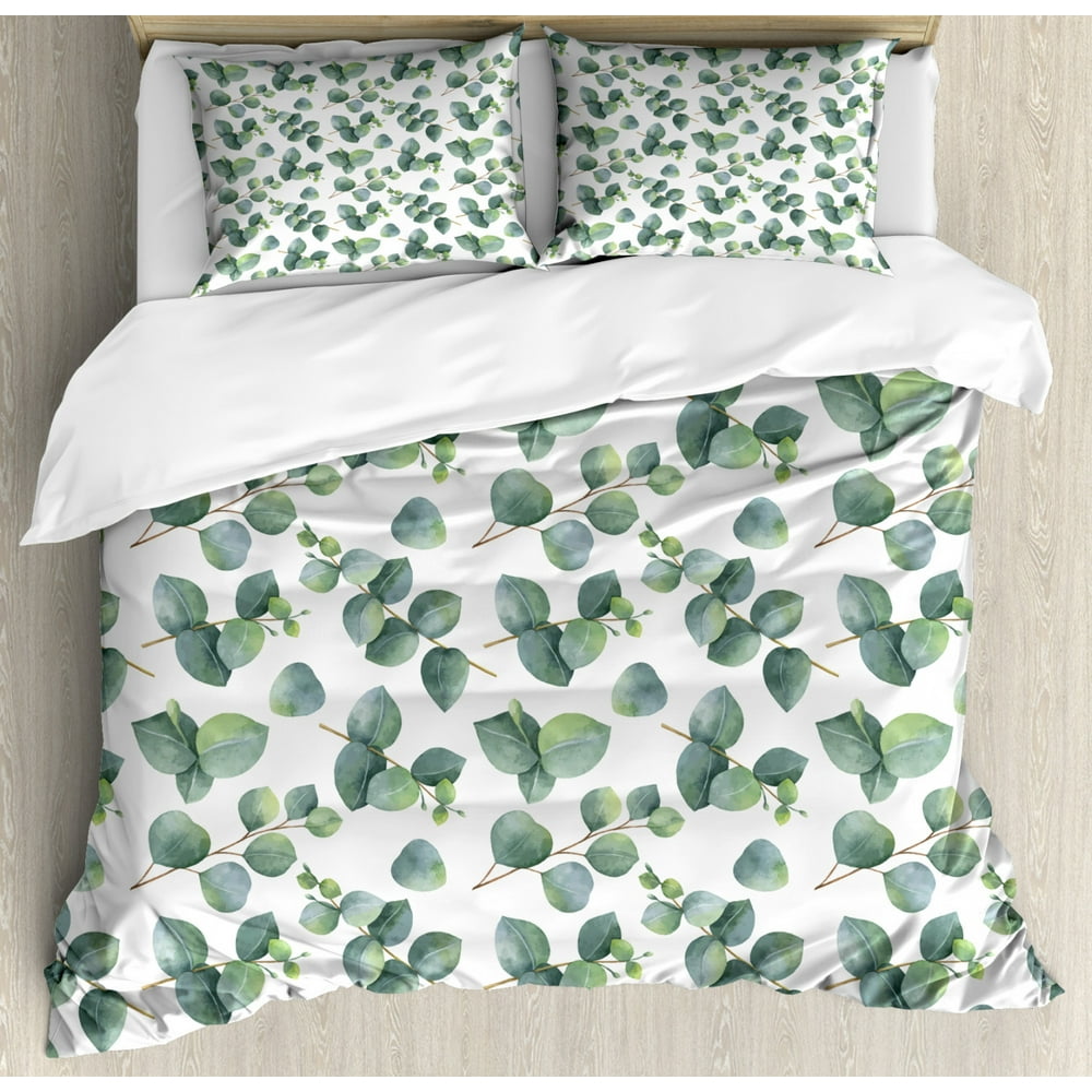 Leaf Duvet Cover Set, Watercolor Style Pattern with Silver Dollar