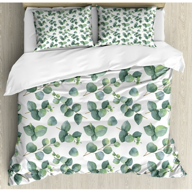 Leaf Duvet Cover Set Queen Size, Watercolor Style Pattern with Silver Dollar Eucalyptus Leaves