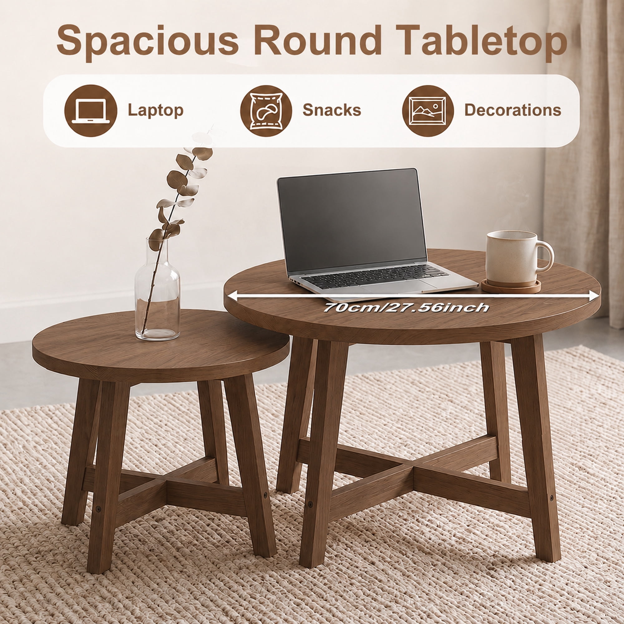 Leumius Set of 2 Round Nesting Coffee Tables, Walnut Tone Finish Modern Side Tables, X-Shaped Frame Stackable End Tables for Living Room, Bedroom, Balcony