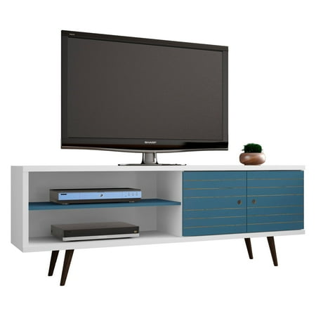 Liberty 62 99 Mid Century Modern Tv Stand With 3 Shelves And 2 Liberty 62 99 Mid Century Modern Tv Stand With 3 Shelves And 2 Doors In White Aqua Blue Solid Wood Legs