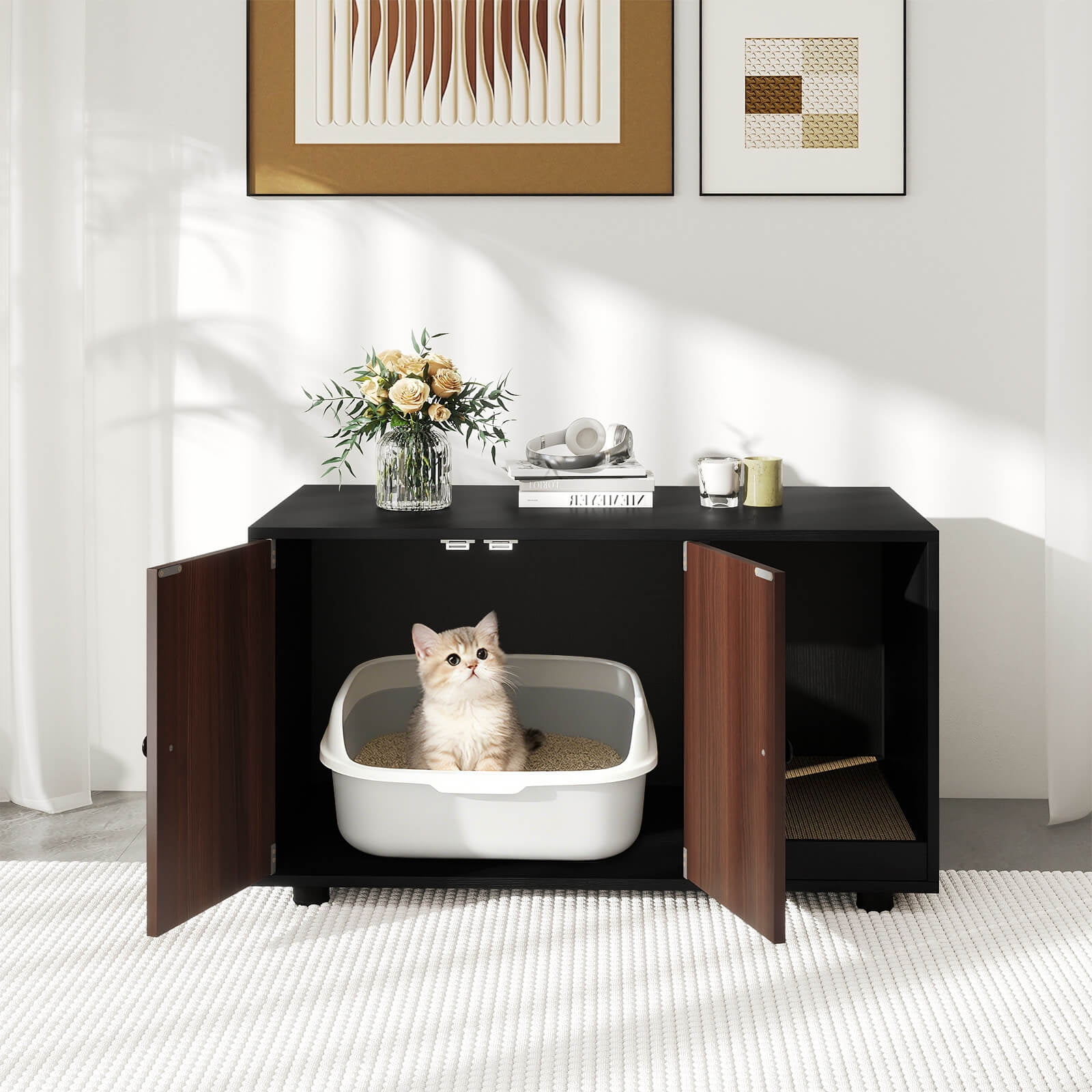 Costway Wooden Cat Litter Box Enclosure, Hidden Litter Box Furniture with Scratching Board Black