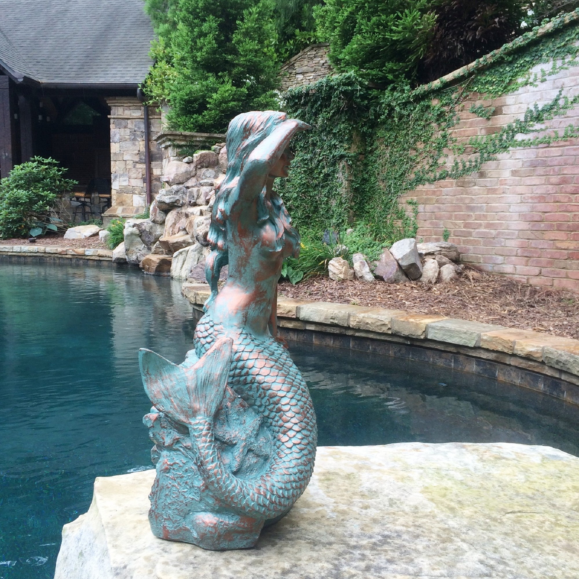 Homestyles 30 in. Giant Classic Mermaid Sitting on Coastal Ocean Rock Looking Out to Sea in Bronze Patina Finish Beach Nautical Garden Statue
