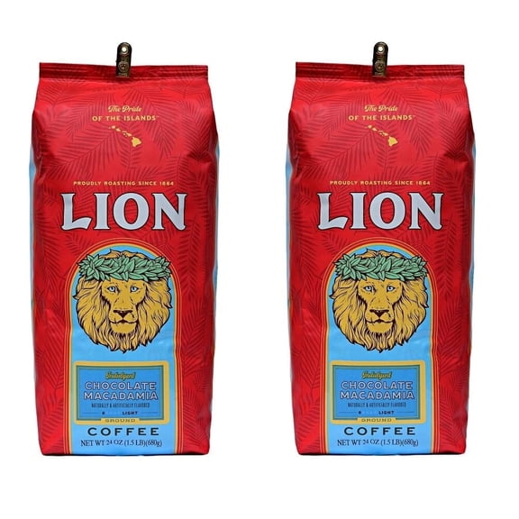 Lion Coffee Chocolate Macadamia Ground Coffee, 100% Arabica, Light Roast, 24 oz 2-Pack