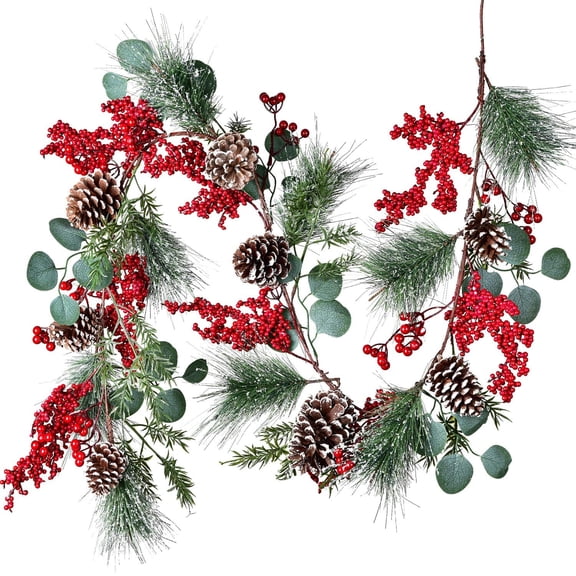 6 FT Red Berry Christmas Garland with Berries Pine Cones Spruce Eucalyptus Leaves Winter Greenery Garland for Holiday Season Mantel Fireplace Table Runner Centerpiece Decor