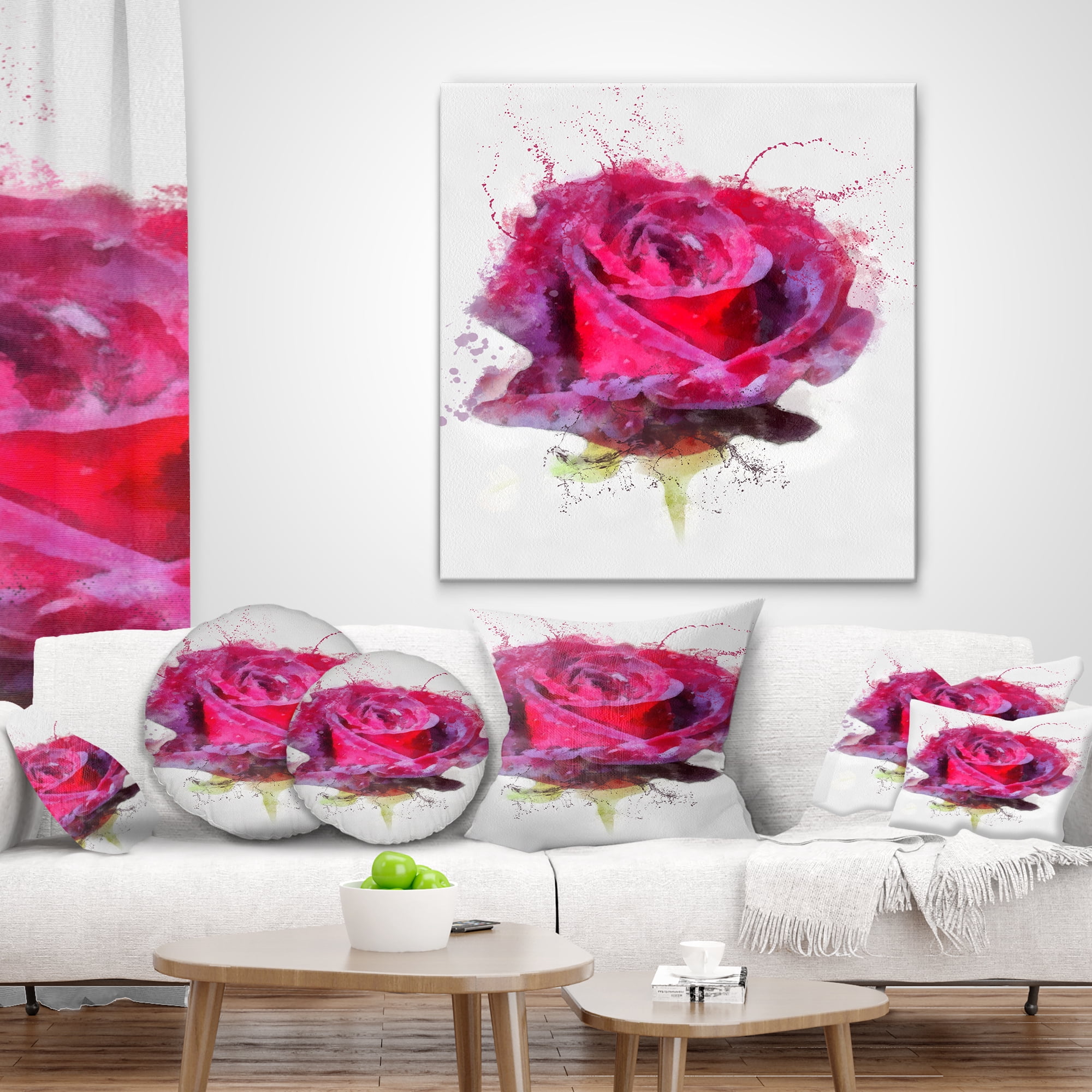 Designart Watercolor Dark Red Rose Sketch - Floral Throw Pillow - 18x18