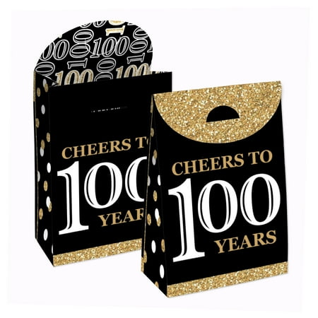 Big Dot of Happiness Adult 100th Birthday – Gold – Birthday Gift Favor Bags – Party Goodie Boxes – Set of 12