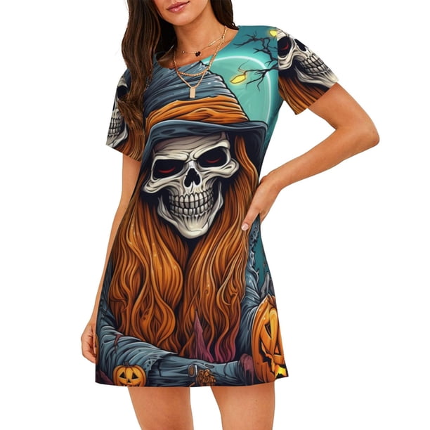 Easygdp Cartoon Pumpkin Skull Camisón de manga corta para mujer, informal, estampado