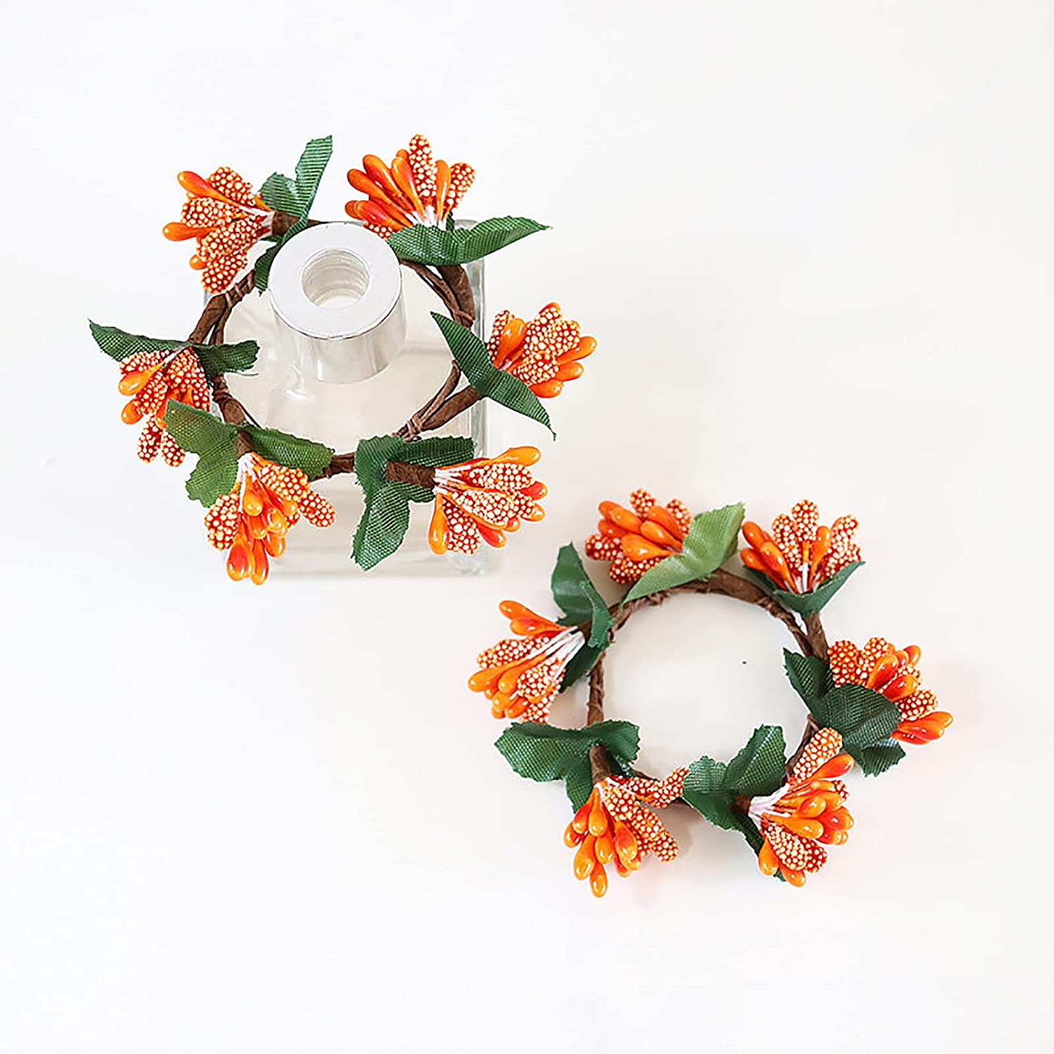 2-Pack Fall Candle Rings - Artificial Orange Berry Wreaths For Thanksgiving & Autumn Decor