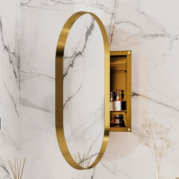 20x34 Inch Oval Recessed Bathroom Medicine Cabinet, Matte Gold Metal Framed With Mirror And Adjustable Shelves Cabinet Mirror, For