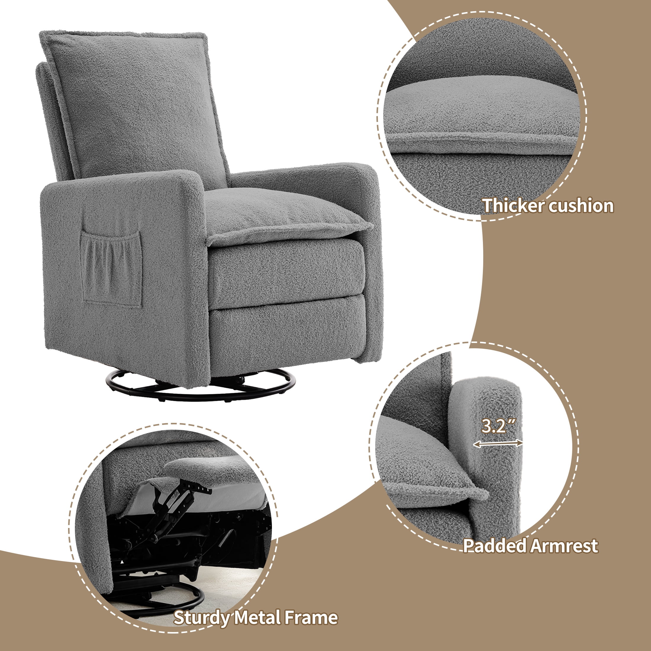 Gelloan Upholstered Swivel Glider and Recliner Nursery Chair,Grey
