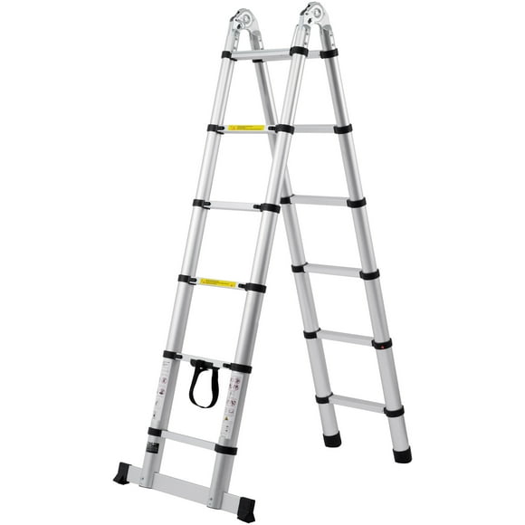 KFFKFF Extendable Ladder, Aluminum A-Frame 12.5FT, Lightweight with Multiple Retraction Buttons, Foldable Ladder, Supports 375 LBS, Includes Stability Bar, Versatile for RV and Camper