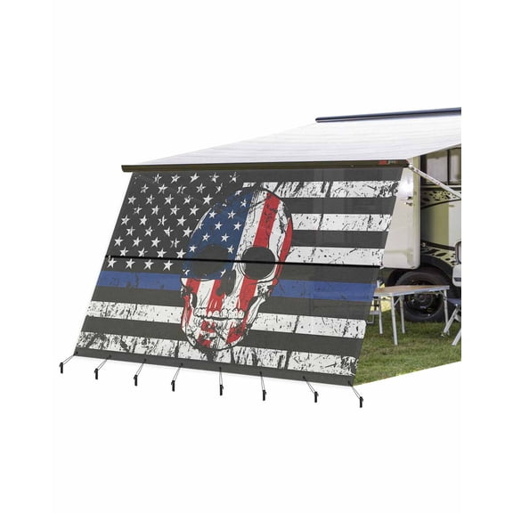4th of July RV Awning Sun Shade Screen 9'X15.3' American Flag Patriotic Skull Mesh Sunscreen Black White Red Stripe Awning Shade Screen with Zipper UV Blocker Completed Kits for RV Motorhome Camper