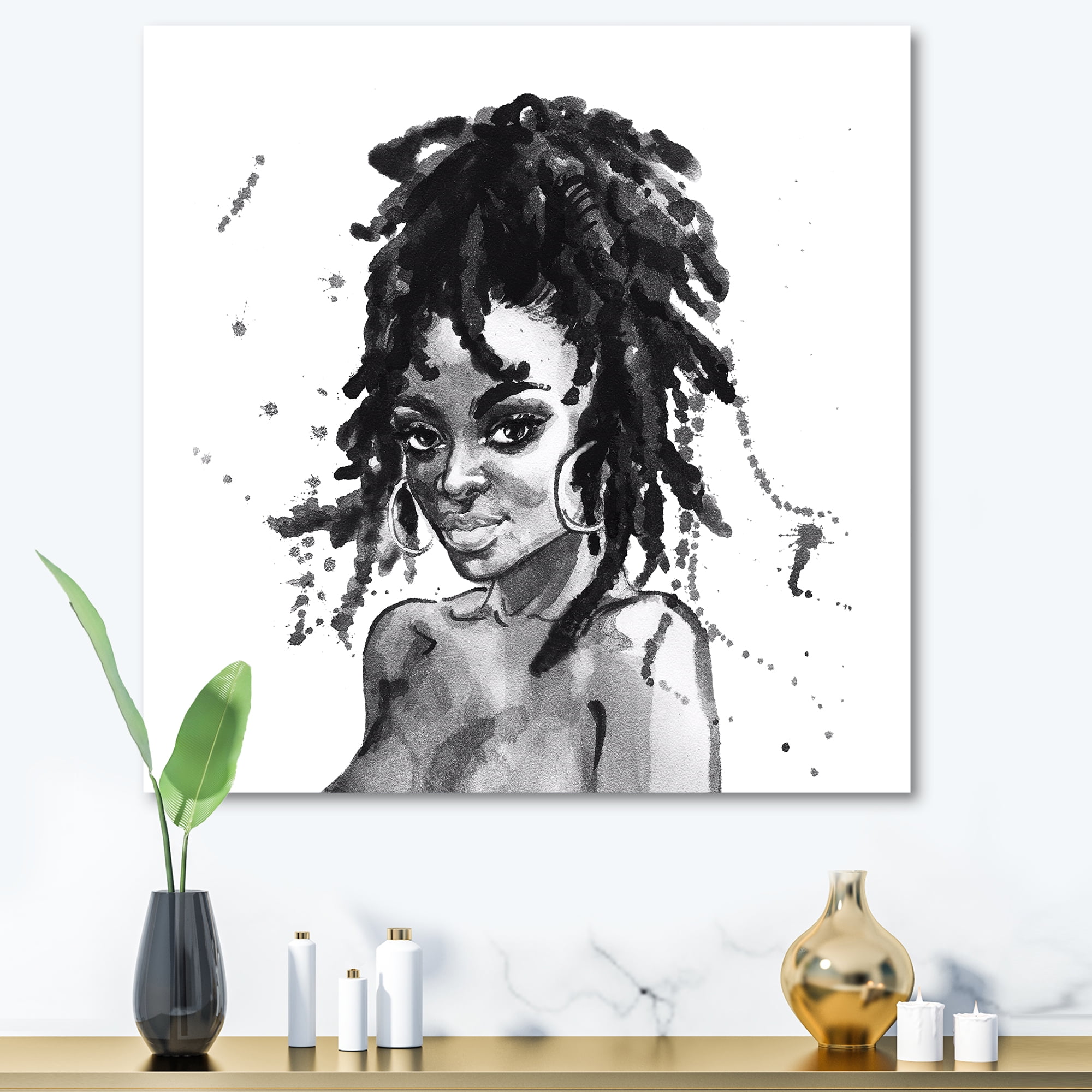 Designart ' Black and White Portrait of African American Woman II ' Modern Canvas Wall Art Print