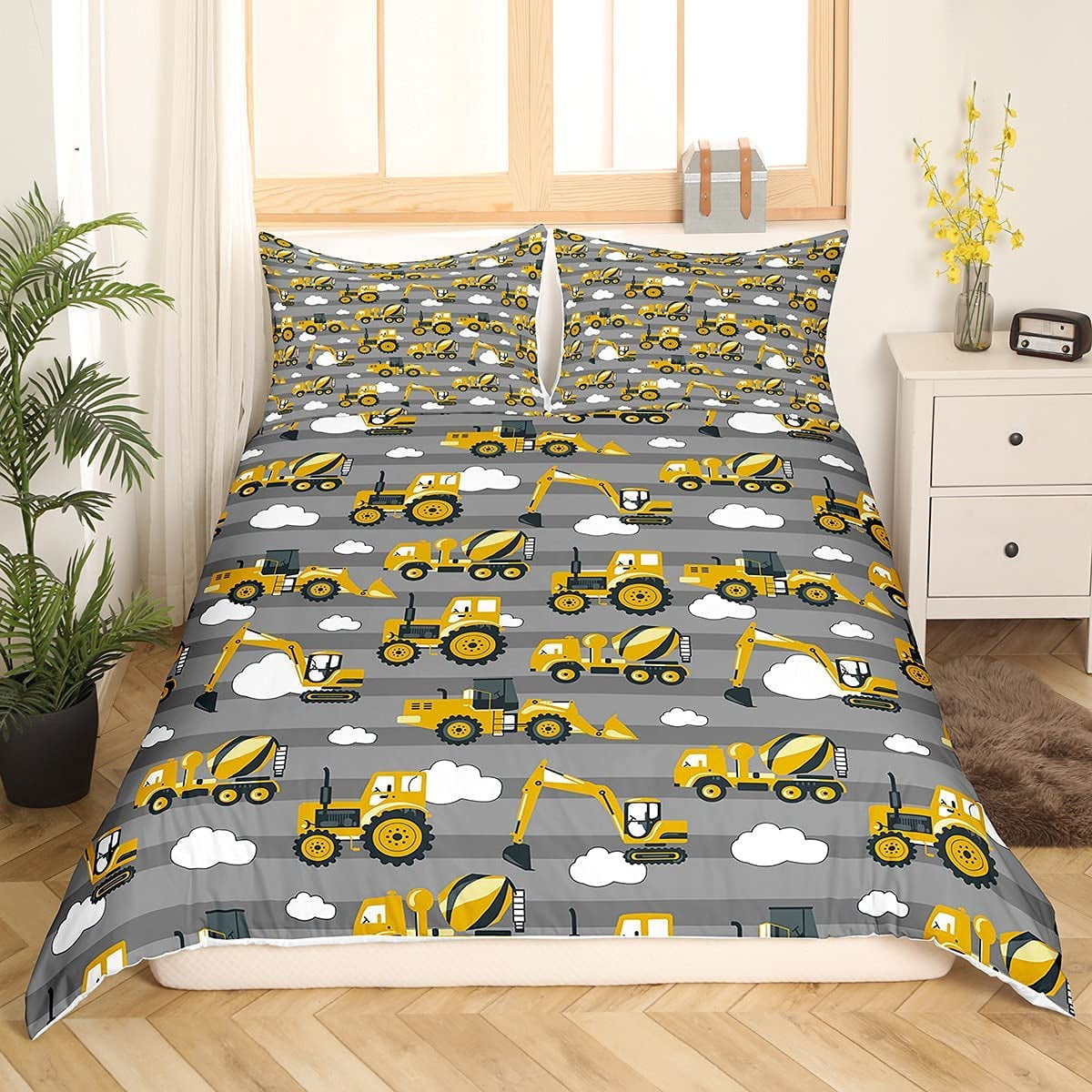 Boys Excavator Decor Cartoon Yellow Truck Crane Duvet Cover Digger Mixer Cute Kids Heavy Machinery Bedding Set Tractor Comforter Cover Grey Stripe Clouds Quilt Cover Bedroom HHHC ion 3Pcs King Size