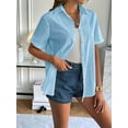 thumbnail image 3 of Women'S Cotton Button Shirt Rolled Hem Short Sleeve Shirt Women'S Summer Casual V Neck Beach Cotton Top Blue XL, 3 of 6