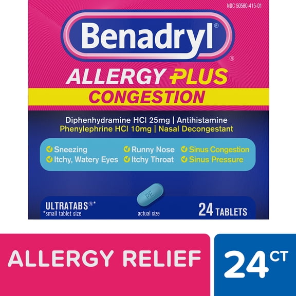 Benadryl Allergy Plus Congestion Ultratabs Allergy Medicine, 24 Count